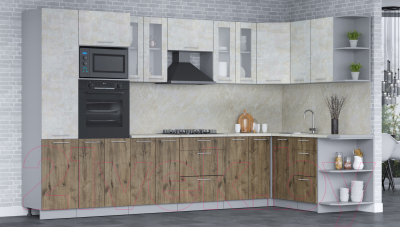 Готовая кухня Интерлиния Мила 1.68x3.4 правая (бетон лайт/дуб веллингтон/опал светлый)