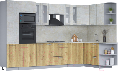 Готовая кухня Интерлиния Мила 1.68x3.4 правая (бетон лайт/дуб золотой/опал светлый)