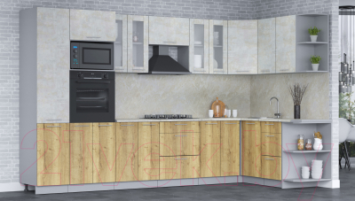 Готовая кухня Интерлиния Мила 1.68x3.4 правая (бетон лайт/дуб золотой/опал светлый)