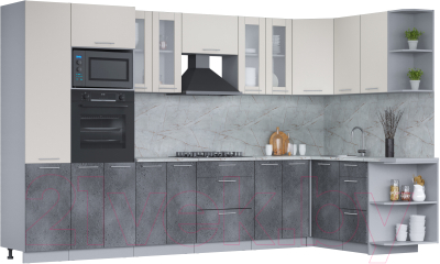 Готовая кухня Интерлиния Мила 1.68x3.4 правая (персидский жемчуг/бетон портленд/серый каспий)