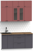 Кухонный гарнитур Интермебель Лион-2 В-1 1.6м (красная глазурь софт/графит софт/дуб флагстаф темный) - 