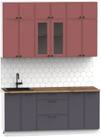 Кухонный гарнитур Интермебель Лион-4 В-1 1.8м (красная глазурь софт/графит софт/дуб флагстаф темный) - 