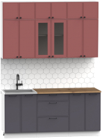Кухонный гарнитур Интермебель Лион-4 1.8м (красная глазурь софт/графит софт/дуб флагстаф темный) - 
