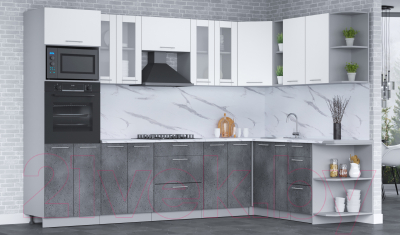 Готовая кухня Интерлиния Мила 1.88x3.0 правая (белый платинум/бетон портленд/белый гранит)