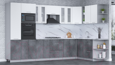 Готовая кухня Интерлиния Мила 1.88x3.4 правая (белый платинум/бетон портленд/белый гранит)
