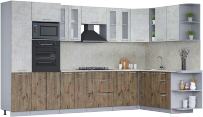 Готовая кухня Интерлиния Мила 1.88x3.4 правая (бетон лайт/дуб веллингтон/опал светлый)
