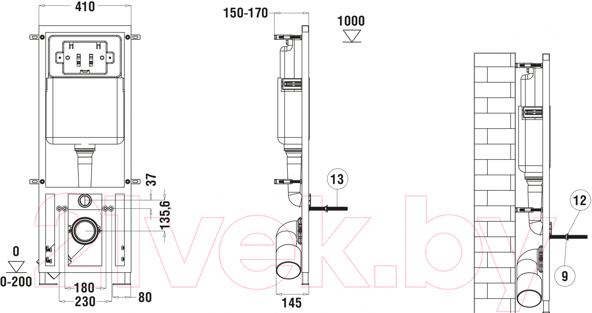 Унитаз подвесной с инсталляцией WeltWasser Erlenbach 004 GL-WT + Marberg 410 + Mar 410 SE MT-BL