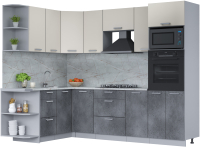 Кухонный гарнитур Интерлиния Мила Лайт 1.68x2.6 левая (персидский жемчуг/бетон портленд/серый каспий) - 