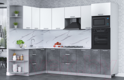 Готовая кухня Интерлиния Мила Лайт 1.68x2.8 левая (белый платинум/бетон портленд/белый гранит)