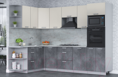 Готовая кухня Интерлиния Мила Лайт 1.68x2.8 левая (персидский жемчуг/бетон портленд/серый каспий)
