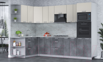 Готовая кухня Интерлиния Мила Лайт 1.68x3.0 левая (персидский жемчуг/бетон портленд/серый каспий)