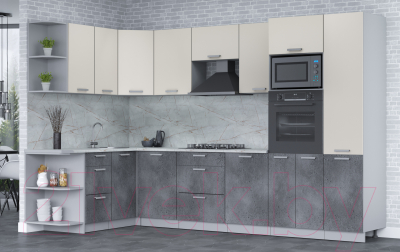 Готовая кухня Интерлиния Мила Лайт 1.68x3.2 левая (персидский жемчуг/бетон портленд/серый каспий)