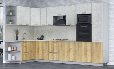 Готовая кухня Интерлиния Мила Лайт 1.68x3.4 левая (бетон лайт/дуб золотой/опал светлый)