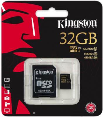 Карта памяти Kingston microSDHC UHS-I (Class 10) 32GB + SD адаптер (SDCA10/32GB) - общий вид