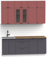 Кухонный гарнитур Интермебель Лион-5 2м (красная глазурь софт/графит софт/дуб флагстаф темный) - 