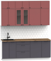 Кухонный гарнитур Интермебель Лион-6 В-1 2.1м (красная глазурь софт/графит софт/дуб флагстаф темный) - 
