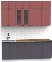 Кухонный гарнитур Интермебель Лион-6 2.1м (красная глазурь софт/графит софт/дуб флагстаф темный) - 
