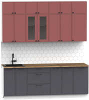 Кухонный гарнитур Интермебель Лион-7 В-1 2.2м (красная глазурь софт/графит софт/дуб флагстаф темный) - 