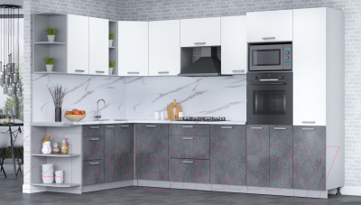 Готовая кухня Интерлиния Мила Лайт 1.88x3.2 левая (белый платинум/бетон портленд/белый гранит)