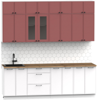 Кухонный гарнитур Интермебель Лион-8 В-1 2.4м (красная глазурь софт/белый софт/дуб флагстаф темный) - 
