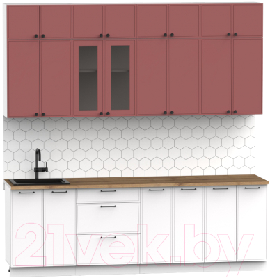 Кухонный гарнитур Интермебель Лион-8 В-1 2.4м (красная глазурь софт/белый софт/дуб флагстаф темный)