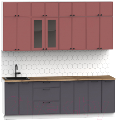 Кухонный гарнитур Интермебель Лион-8 В-1 2.4м (красная глазурь софт/графит софт/дуб флагстаф темный)