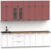 Кухонный гарнитур Интермебель Лион-9 В-1 2.6м (красная глазурь софт/белый софт/дуб флагстаф темный) - 