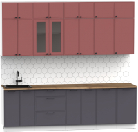 Кухонный гарнитур Интермебель Лион-9 В-1 2.6м (красная глазурь софт/графит софт/дуб флагстаф темный) - 