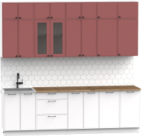 Кухонный гарнитур Интермебель Лион-9 2.6м (красная глазурь софт/белый софт/дуб флагстаф темный) - 