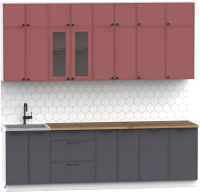 Кухонный гарнитур Интермебель Лион-9 2.6м (красная глазурь софт/графит софт/дуб флагстаф темный) - 