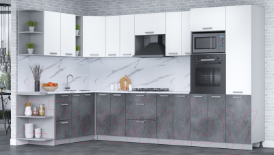 Готовая кухня Интерлиния Мила Лайт 1.88x3.4 левая (белый платинум/бетон портленд/белый гранит)