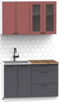 Кухонный гарнитур Интермебель Лион-11 1.2м (красная глазурь софт/графит софт/дуб флагстаф темный) - 