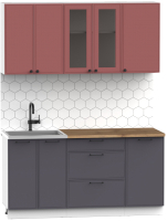 Кухонный гарнитур Интермебель Лион-12 1.6м (красная глазурь софт/графит софт/дуб флагстаф темный) - 