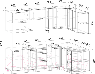 Кухонный гарнитур Интерлиния Мила Лайт 1.68x2.4 правая (дуб веллингтон/дуб веллингтон/травертин серый)