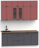Кухонный гарнитур Интермебель Лион-5 В-1 2м (красная глазурь софт/графит софт/дуб флагстаф темный) - 