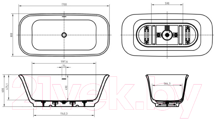 Ванна акриловая BelBagno Due BB702-1700-800-K