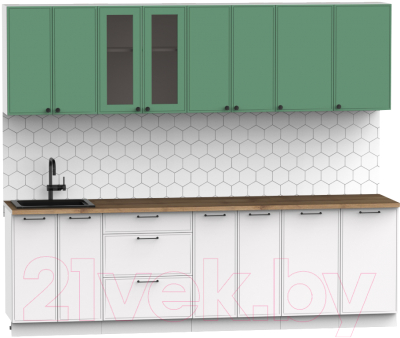 Кухонный гарнитур Интермебель Лион-19 В-1 2.6м (мята софт/белый софт/дуб флагстаф темный)