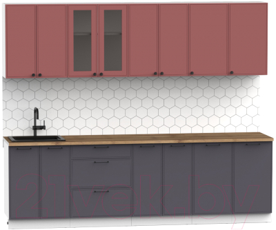 Кухонный гарнитур Интермебель Лион-19 В-1 2.6м (красная глазурь софт/графит софт/дуб флагстаф темный)