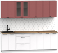 Кухонный гарнитур Интермебель Лион-18 В-1 2.4м (красная глазурь софт/белый софт/дуб флагстаф темный) - 
