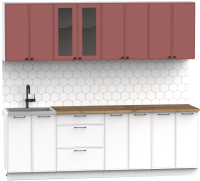 Готовая кухня Интермебель Лион-18 2.4м (красная глазурь софт/белый софт/дуб флагстаф темный) - 