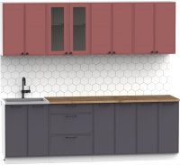 Кухонный гарнитур Интермебель Лион-18 2.4м (красная глазурь софт/графит софт/дуб флагстаф темный) - 