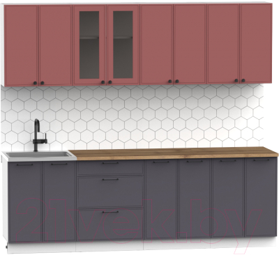 Готовая кухня Интермебель Лион-18 2.4м (красная глазурь софт/графит софт/дуб флагстаф темный)