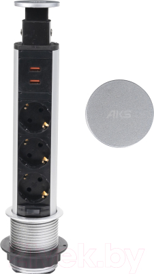 Блок розеточный AKS Nova Vulcan USB выдвижной (3 розетки, шлифованная сталь)