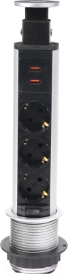 Блок розеточный AKS Nova Vulcan USB выдвижной (3 розетки, шлифованная сталь)