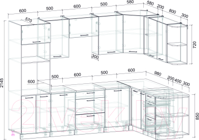Кухонный гарнитур Интерлиния Мила Лайт 1.88x2.8 правая (дуб веллингтон/дуб веллингтон/травертин серый)