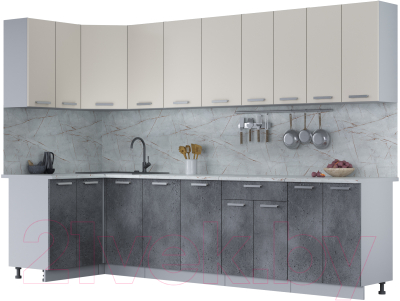 Готовая кухня Интерлиния Мила Лайт 1.2x3.0 (персидский жемчуг/бетон портленд/серый каспий)