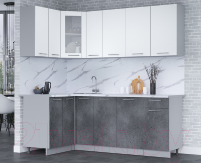 Готовая кухня Интерлиния Мила 12x21 (белый платинум/бетон портленд/белый гранит)
