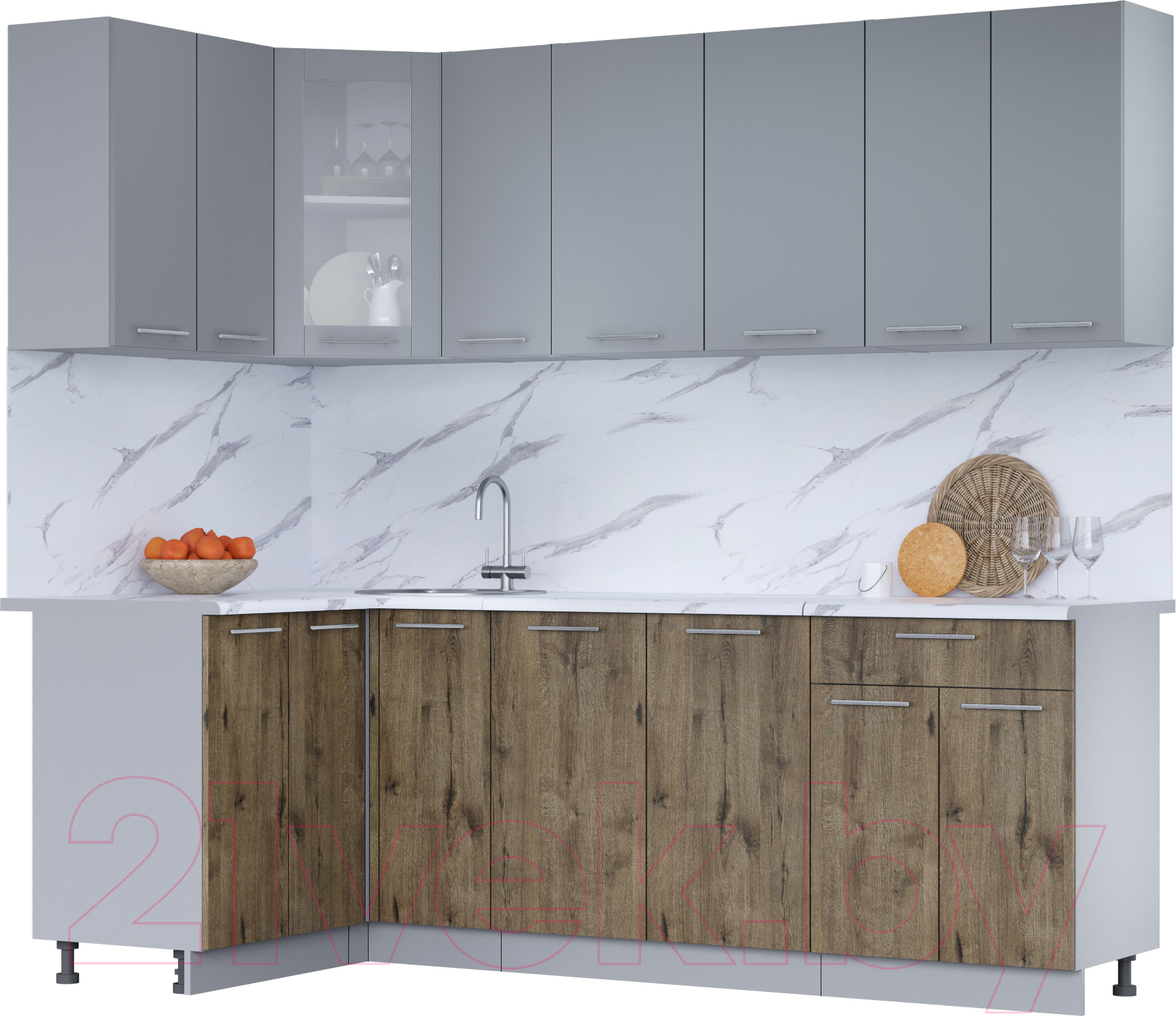 Кухонный гарнитур Interline Мила 12x23 (серебро/дуб веллингтон/белый гранит)