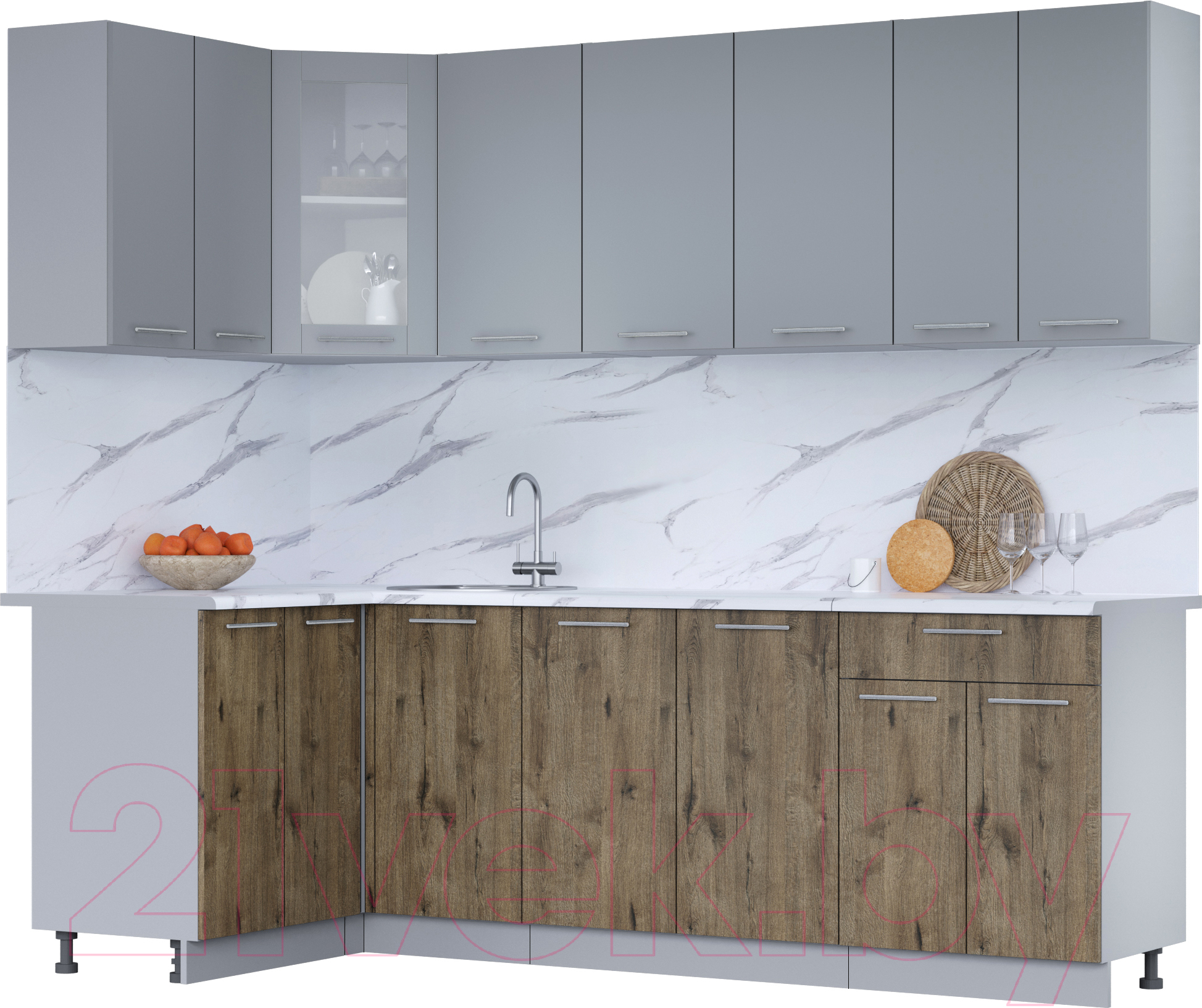 Кухонный гарнитур Interline Мила 12x24 (серебро/дуб веллингтон/белый гранит)