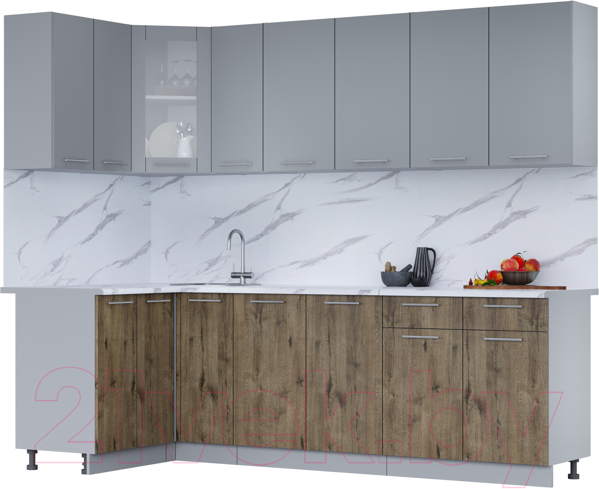 Кухонный гарнитур Interline Мила 12x25 (серебро/дуб веллингтон/белый гранит)